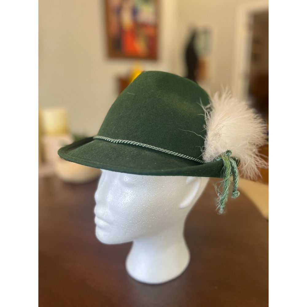 Vintage Green Wool Felt Tyrolean Alpine Hat Feather Rope Band Oktoberfest Large